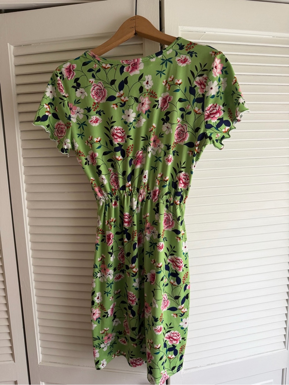 Green Floral Mini Dress with Pink Blooms